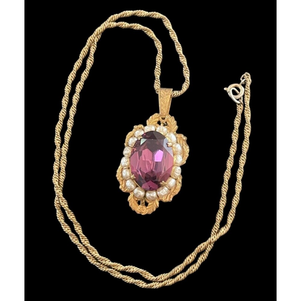 Rare Antique Signed Miriam Haskell Necklace Estate Amethyst Pearl Pendant Chain